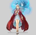  2girls cape circlet copyright_name curly_hair dress fire_emblem fire_emblem:_radiant_dawn fire_emblem_heroes full_body grey_background kita_senri long_hair micaiah multiple_girls official_art open_mouth sandals solo white_hair yellow_eyes yune 