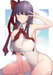  1girl ;) armpits bangs barefoot bb_(fate)_(all) bb_(fate/extra_ccc) breasts covered_navel eyebrows_visible_through_hair fang fang_out fate/extra fate/extra_ccc fate_(series) hair_ribbon highres large_breasts leotard long_hair looking_at_viewer mitsukichi one_eye_closed purple_eyes purple_hair ribbon smile solo v war 
