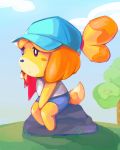  animal_crossing anthro blue_nose bodily_fluids bottomwear canid canine canis clothed clothing cloud domestic_dog female fully_clothed fur hat headgear headwear hi_res isabelle_(animal_crossing) mammal nintendo outside ponytail purple_eyes shorts sitting solo spudenski sweat tree video_games yellow_fur 