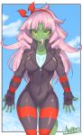  2019 anthro breasts clothed clothing female green_skin hair hi_res long_hair looking_at_viewer mofumofumachine pink_hair portrait reptile scalie solo standing three-quarter_portrait tongue tongue_out yellow_eyes 
