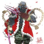  2019 abs anthro bell biceps chain clothed clothing felid fingerless_gloves gloves handwear hi_res horn krampus_(housamo) lion male mammal mane_hair muscular muscular_male navel pantherine petals scar simple_background solo subaru_aotk tokyo_afterschool_summoners video_games white_background 