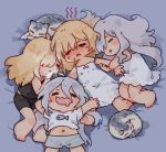  4girls annoyed bed blonde_hair cat cellphone chibi closed_eyes commentary_request cousins curled_up g36_(girls_frontline) g36c_(girls_frontline) girls_frontline grey_hair mg36_(girls_frontline) multiple_girls navel phone shuzi siblings sisters sleeping sweatdrop xm8_(girls_frontline) 