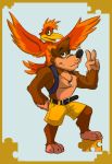  2012 3_toes anthro avian banjo-kazooie banjo_(banjo-kazooie) barefoot beak belt bird black_nose blue_eyes breegull brown_bear brown_fur claws clothing duo feathers flying fur green_eyes hi_res jewelry kazooie male mammal rareware samara_lab toes ursid ursine video_games 