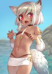  1girl animal_ear_fluff animal_ears artist_name breasts choker claw_pose dark_skin facepaint fang highres mitake_eiru navel open_mouth original red_eyes short_hair silver_hair small_breasts solo tail tied_hair 