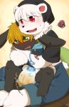  2017 anthro black_fur blonde_hair bodily_fluids bottomless clothed clothing cub diaper duo fur genital_fluids hair hi_res hug lagomorph leporid male mammal on_lap polar_bear rabbit satsuki_rabbit sitting_on_lap urine ursid ursine wet_diaper wetting white_fur white_hair young 