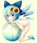  1girl ball beachball blue_bow blue_eyes blue_hair blue_legwear blue_panties blush bobby_socks bow breasts cirno commentary_request eyebrows_visible_through_hair flower hadurin_(zdmzy) hair_between_eyes hair_bow hair_flower hair_ornament highres kneeling leaning_on_object looking_at_viewer nipples open_mouth panties polka_dot polka_dot_legwear short_hair simple_background small_breasts socks solo sunflower sweat topless touhou underwear underwear_only upper_teeth wings yellow_background 
