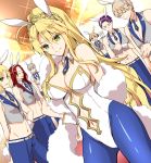  1girl 3girls 4boys abs ahoge animal_ears artoria_pendragon_(all) artoria_pendragon_(lancer) asazuki_norito bangs bare_shoulders bedivere belt blonde_hair blue_eyes blue_legwear blue_neckwear blue_pants braid breasts bunny_ears cleavage closed_eyes closed_mouth collarbone detached_collar fate/apocrypha fate/extra fate/grand_order fate_(series) french_braid gareth_(fate/grand_order) gawain_(fate/extra) green_eyes grey_vest hair_between_eyes hairband highres knights_of_the_round_table_(fate) lancelot_(fate/grand_order) large_breasts leotard long_hair looking_at_viewer midriff mordred_(fate) mordred_(fate)_(all) multiple_boys multiple_girls navel navel_cutout necktie open_mouth pants pantyhose purple_hair red_hair shiny shiny_hair short_hair sidelocks silver_hair smile sparkle spiked_hair thighs tiara tristan_(fate/grand_order) vest white_leotard wrist_cuffs 