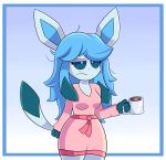  2019 4_fingers absurd_res anthro anyglaceon_(mintyspirit) beverage blue_fur blue_sclera clothed clothing coffee cup digital_media_(artwork) eeveelution female fingers fur glaceon hair hi_res holding_cup holding_object mammal messy_hair mintyspirit nintendo pajamas pink_clothing pok&eacute;mon pok&eacute;mon_(species) solo tired video_games white_eyes wide_hips 