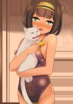  1girl absurdres animal animal_hug bangs bare_arms bare_shoulders black_leotard blunt_bangs blush breasts brown_hair cat commentary_request covered_navel dark_skin eyebrows_visible_through_hair fang food fruit green_eyes groin hairband highres holding holding_food leotard nose_blush open_mouth orange orange_slice original short_hair small_breasts solo toy_box-r white_cat yellow_hairband 