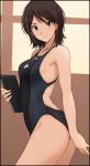  1girl amagami bangs bare_arms black_eyes black_hair breasts closed_mouth competition_school_swimsuit competition_swimsuit cowboy_shot eyebrows_visible_through_hair hair_between_eyes highleg highleg_swimsuit looking_at_viewer medium_breasts mobu notebook one-piece_swimsuit short_hair simple_background smile solo standing swimsuit takahashi_maya whistle whistle_around_neck 