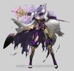  1girl armored_boots boots breasts camilla_(fire_emblem) cape cleavage copyright_name fire_emblem fire_emblem_fates fire_emblem_heroes full_body fur_trim gloves grey_background hair_over_one_eye kozaki_yuusuke long_hair official_art purple_hair red_eyes solo staff teeth tiara torn_clothes 