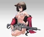 1girl animal_ears bangs bare_shoulders barefoot bell bell_choker bikini blush bob_cut breasts brown_hair cat_ears cat_girl cat_tail choker clenched_teeth collarbone eyebrows_visible_through_hair gun hair_between_eyes hair_ornament hairclip holding holding_gun holding_weapon ihobus jacket jingle_bell kneeling looking_at_viewer medium_breasts navel off_shoulder original parted_lips paw_print red_jacket red_nails simple_background solo stomach swimsuit tail teeth weapon white_bikini yellow_eyes 