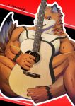  2018 5_fingers absurd_res acoustic_guitar anthro biped black_background black_fur black_nose brown_fur canid canine canis convenient_censorship cubboard dipstick_ears dipstick_tail domestic_dog fingers fur fur_markings guitar hi_res kemono male mammal markings multicolored_ears multicolored_fur multicolored_tail muscular muscular_male musical_instrument nude one_eye_closed open_mouth playing_guitar playing_music red_background red_eyes signature simple_background solo spread_legs spreading tongue tongue_out white_fur 