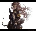  1girl armband black_gloves black_jacket black_ribbon black_skirt blood blood_on_face brown_hair commentary danielle_brindle girls_frontline gloves glowing glowing_eyes gun h&amp;k_ump45 hair_ornament highres holding holding_gun holding_weapon jacket letterboxed long_hair long_sleeves looking_at_viewer neck_ribbon object_namesake one_side_up open_clothes open_jacket open_mouth pleated_skirt ribbon scar scar_across_eye simple_background sketch skirt solo twitter_username ump45_(girls_frontline) very_long_hair weapon white_background yellow_eyes 