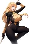  1girl blonde_hair braid breasts commentary_request epaulettes eyebrows_visible_through_hair fire_emblem fire_emblem:_three_houses gloves green_eyes highres huge_breasts ingrid_brandol_galatea long_hair long_sleeves looking_at_viewer obaoba_(monkeyix) open_mouth pantyhose pole simple_background solo uniform white_background 