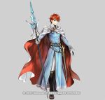  1boy belt blue_eyes boots cape circlet copyright_name eliwood_(fire_emblem) fire_emblem fire_emblem:_the_blazing_blade fire_emblem_heroes full_body gloves grey_background male_focus official_art polearm red_hair solo spear sword wada_sachiko weapon 