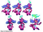  2018 4:3 absurd_res angry blue_hair concept_art demon expression_sheet eyes_closed female fire hair hi_res horn humanoid humanoid_pointy_ears kah-li multiple_images multiple_poses not_furry open_mouth pigtails pink_tail pose ryanarmoberly simple_background smile solo teeth tongue white_background yellow_eyes 