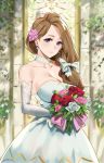  1girl artist_name blue_eyes bouquet bow breasts brown_hair choker collarbone commentary cowboy_shot dress earrings elbow_gloves english_commentary fire_emblem fire_emblem:_three_houses flower gloves hair_bow hair_flower hair_ornament hair_over_shoulder highres holding holding_flower jewelry large_breasts long_hair looking_at_viewer mercedes_von_marltritz rose sendrawz solo white_choker white_dress 