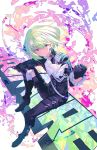  1boy 778-go belt biker_clothes black_gloves black_jacket clenched_hand closed_mouth copyright_name cravat fire gloves green_hair half_gloves hand_up highres jacket leg_up lio_fotia male_focus multiple_belts promare purple_eyes sitting smile 