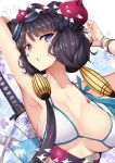  1girl absurdres arm_up armpits bangs bare_shoulders bikini blush bracelet breasts cleavage collarbone fate/grand_order fate_(series) floral_background floral_print flower goggles goggles_on_head hair_flower hair_ornament highres jewelry katana katsushika_hokusai_(fate/grand_order) katsushika_hokusai_(swimsuit_saber)_(fate) large_breasts looking_at_viewer nakano_sora purple_eyes purple_hair short_hair_with_long_locks sidelocks swimsuit sword weapon white_background white_bikini 