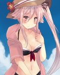  1girl bangs bikini blush breasts cleavage cloud cloudy_sky commentary_request eyebrows_visible_through_hair hair_between_eyes hair_flaps hair_ribbon harusame_(kantai_collection) hat highres hirune_(konekonelkk) kantai_collection medium_breasts navel pink_eyes pink_hair pink_shirt ribbon shirt side_ponytail sketch sky solo straw_hat swept_bangs swimsuit 