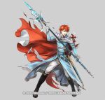  1boy belt blue_eyes cape copyright_name eliwood_(fire_emblem) fire_emblem fire_emblem:_the_blazing_blade fire_emblem_heroes full_body gloves grey_background male_focus official_art open_mouth polearm red_hair solo spear sword teeth torn_clothes wada_sachiko weapon 