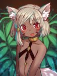  1girl :d animal_ear_fluff animal_ears artist_name dark_skin facepaint fanf flat_chest highres jewelry light_brown_hair looking_at_viewer mitake_eiru neck_ring open_mouth original plant red_eyes short_hair silver_hair smile tail tied_hair upper_body 