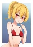  1girl arifureta_shokugyou_de_sekai_saikyou bangs bare_arms bare_shoulders bikini blonde_hair blue_background blush breasts collarbone commentary_request eyebrows_visible_through_hair hair_between_eyes hana_(tmtmrgrgtrg) hand_up highres looking_at_viewer navel parted_lips ponytail red_bikini red_eyes sidelocks small_breasts solo swimsuit two-tone_background upper_body white_background yue_(arifureta) 