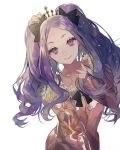  1girl bangs black_bow blush bow breasts closed_mouth cosplay fate/grand_order fate_(series) forehead fur-trimmed_jacket fur_trim hair_bow hinogiri ishtar_(fate/grand_order) ishtar_(swimsuit_rider)_(fate) ishtar_(swimsuit_rider)_(fate)_(cosplay) jacket long_hair long_sleeves looking_at_viewer parted_bangs pink_jacket purple_eyes purple_hair simple_background small_breasts smile solo tiara twintails white_background wu_zetian_(fate/grand_order) 