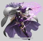  1girl armored_boots boots breasts camilla_(fire_emblem) cape cleavage copyright_name dress fire_emblem fire_emblem_fates fire_emblem_heroes full_body fur_trim gloves grey_background hair_over_one_eye kozaki_yuusuke long_hair magic official_art purple_hair red_eyes solo staff teeth tiara 