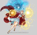  2girls cape circlet copyright_name curly_hair dress fire_emblem fire_emblem:_radiant_dawn fire_emblem_heroes full_body grey_background kita_senri long_hair magic micaiah multiple_girls official_art open_mouth sandals teeth white_hair yellow_eyes yune 