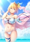  1girl arm_behind_back bangs bare_shoulders bikini bit_(keikou_syrup) blonde_hair blue_bikini blue_eyes blue_sky blush breasts cleavage cloud collarbone cowboy_shot day europa_(granblue_fantasy) eyebrows_visible_through_hair floating_hair flower granblue_fantasy hair_between_eyes hair_flower hair_ornament hand_up highres large_breasts looking_away navel outdoors short_hair skindentation sky smile solo stomach swimsuit thighs tiara wind 