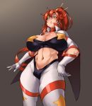  1girl bandages bandeau breasts cape choker covered_nipples from_below gloves hair_ornament hair_stick high_ponytail highres huge_breasts kelvin_hiu long_hair midriff navel pasties ponytail red_choker red_hair simple_background solo space_yoko star_pasties stomach tengen_toppa_gurren_lagann thick_thighs thighs white_gloves yellow_eyes yoko_littner 