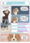  anthro bodily_fluids brown_eyes canid canine canis chair comic dating_profile domestic_dog english_text gaikotsu hand_on_head hi_res male mammal nervous paws sweat sweatdrop tauski text thought_bubble wolf 