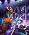 2018 anthro anthrofied antlers armwear bar beverage bridal_gauntlets clothing discord_(mlp) draconequus dress duo equid fangs feathered_wings feathers female friendship_is_magic handwear hat headgear headwear hi_res horn jewelry ladychimaera ladychimaerad looking_at_viewer male mammal membrane_(anatomy) membranous_wings my_little_pony necklace pendant princess_celestia_(mlp) sitting suit wine_glass winged_unicorn wings zoot_suit 