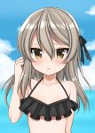  1girl bangs bikini black_bikini blue_sky blurry blurry_background blush brown_eyes cloud cloudy_sky commentary_request depth_of_field frilled_bikini frills girls_und_panzer hair_ribbon hand_in_hair light_brown_hair light_frown long_hair looking_at_viewer one_side_up outdoors parted_lips ribbon ruruepa shimada_arisu sky solo swimsuit 