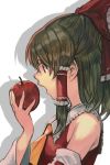  1girl apple ascot bad_apple!! bangs bare_shoulders bow brown_hair detached_sleeves food frilled_bow frills fruit hair_bow hair_tubes hakurei_reimu hankuri holding holding_food holding_fruit long_hair open_mouth profile red_bow ribbon-trimmed_sleeves ribbon_trim shadow sidelocks solo touhou upper_body yellow_neckwear 