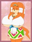  big_breasts breasts clothed clothing crescent-blue-zero echidna eyes_closed female hi_res huge_breasts mammal monotreme smile solo sonic_(series) standing tikal_the_echidna under_boob 