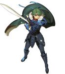  1boy alm_(fire_emblem) armor armored_boots boots cape falchion_(fire_emblem) fire_emblem fire_emblem_echoes:_shadows_of_valentia fire_emblem_gaiden fire_emblem_heroes full_body fur_trim gloves green_eyes green_hair headband hidari_(left_side) highres male_focus open_mouth solo sword teeth transparent_background weapon 