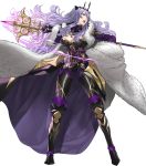 1girl armored_boots boots breasts camilla_(fire_emblem) cape cleavage dress fire_emblem fire_emblem_fates fire_emblem_heroes full_body fur_trim gloves grey_background hair_over_one_eye highres kozaki_yuusuke long_hair official_art open_mouth purple_hair red_eyes solo staff teeth tiara transparent_background 