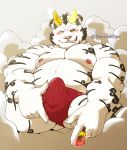  2019 absurd_res anthro belly blush bulge clothing erection erection_under_clothing felid fur hi_res humanoid_hands jumperbear male mammal moobs nipples overweight overweight_male pantherine pink_nose solo tiger underwear white_fur 