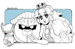  1girl alfonzoirl bangs blue_background crown elbow_gloves eyebrows_visible_through_hair gloves greyscale kirby_(series) looking_at_viewer mario_(series) mask meta_knight monochrome open_mouth pauldrons princess_peach puffy_short_sleeves puffy_sleeves short_sleeves simple_background smile super_smash_bros. twitter_username upper_body 