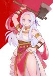  1girl axe blonde_hair bone_(stare) cape circlet dancer edelgard_von_hresvelg fire_emblem fire_emblem:_three_houses hair_ornament highres long_hair looking_at_viewer navel simple_background smile solo weapon white_background 