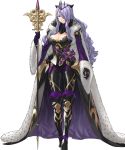  1girl armored_boots bangs boots breasts camilla_(fire_emblem) cape cleavage curly_hair fire_emblem fire_emblem_fates fire_emblem_heroes full_body fur_trim gloves grey_background hair_over_one_eye highres kozaki_yuusuke long_hair official_art red_eyes solo staff tiara transparent_background 