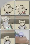  anthro canid canine canis car clothed clothing comic coyote cub fur hi_res jake_(study_partners) male mammal police_car study_partners tan_fur teenager thunderouserections vehicle young 