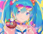  aqua_eyes aqua_hair candy choker close cropped food hatsune_miku heiwa_(murasiho) lollipop long_hair sunglasses twintails vocaloid waifu2x 