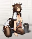  1girl :&lt; animal_ears animal_print apron arm_support bell bikini bikini_top black_apron blush bow bow_legwear breasts breasts_outside brown_hair brown_legwear cleavage cow_bell cow_ears cow_girl cow_horns cow_print cow_tail dress ear_tag frilled_apron frills full_body garter_straps green_eyes hair_between_eyes highres horns houtengeki huge_breasts kneeling looking_at_viewer milk_churn original puffy_short_sleeves puffy_sleeves red_bow short_sleeves simple_background solo string_bikini swimsuit tail thighhighs waist_apron white_dress white_footwear wrist_cuffs 