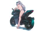  1girl aamond aek-999_(girls_frontline) ass bangs barefoot breasts eyebrows_visible_through_hair from_behind girls_frontline goggles goggles_on_head grey_hair ground_vehicle long_hair motor_vehicle motorcycle panties ponytail riding shadow simple_background smile solo standing topless underwear white_background yellow_eyes 
