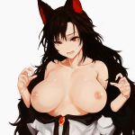  1girl animal_ear_fluff animal_ears armpit_hair bangs bare_shoulders black_hair breasts breasts_apart brooch collarbone commentary_request dress eyebrows_visible_through_hair fang hair_between_eyes hands_up head_tilt highres imaizumi_kagerou jewelry large_breasts long_hair long_sleeves looking_at_viewer nipples off-shoulder_dress off_shoulder red_eyes simple_background solidstatesurvivor solo sweat touhou upper_body very_long_hair white_background white_dress wolf_ears 