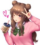  1girl ;d arm_up blush bow brown_hair bubble_tea collared_shirt commentary_request cup daidai_jamu diagonal_stripes disposable_cup double_bun dress_shirt drinking_straw fingernails green_bow heart holding holding_cup long_hair long_sleeves nail_polish one_eye_closed open_mouth original pink_nails pink_sweater purple_eyes school_uniform shirt simple_background smile solo star striped striped_bow sweater v very_long_hair white_background white_shirt 